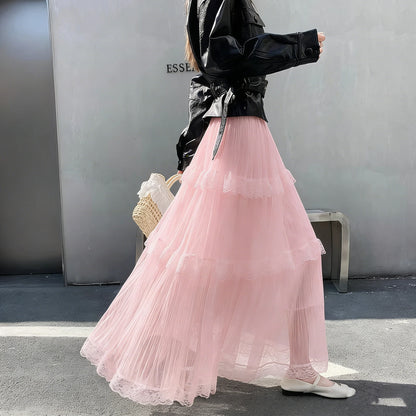 Retro Sweet White Long Skirt Women Casual Loose High Waist Elegant Skirt Vintage Lace Patchwork Korean Summer Long Skirts