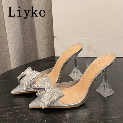 Liyke 2026 New Silver Crystal Bowknot Women Pumps High Heels Transparent Sandals Sexy Pointed Toe Wedding Banquet Shoes Size 41