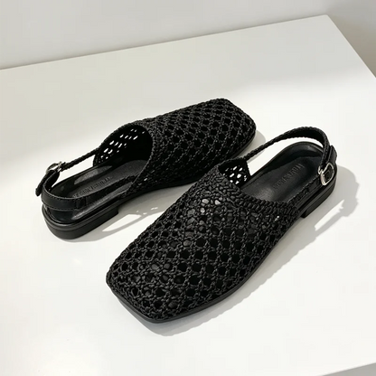 High Quality Hollow Woven Flat Sandals Women Square Toe Back Strap Detail Lolita Style Shoes Summer Comfortable Women's Shoes