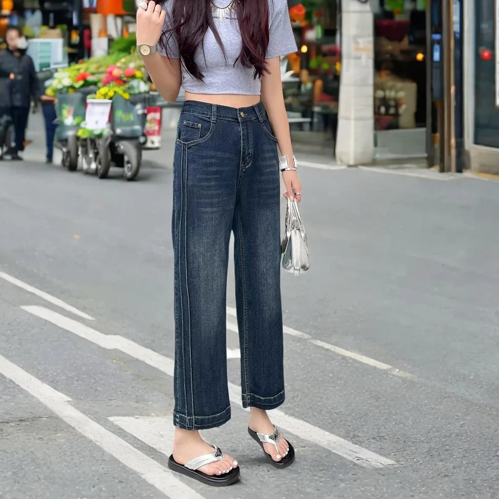 100KG Summer Jeans New Plus Size Women's Clothing Simple And Thin Denim Straight Pants Side Fold Splice Ankle Style Bottoms 8930