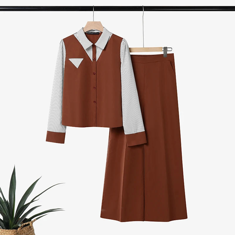 ZANZEA Autumn Stripe Patchwork Long Sleeve Blouse Wide Leg Pants Sets Women Muslim Two Piece Suit Elegant Modest Ramadan Outfits