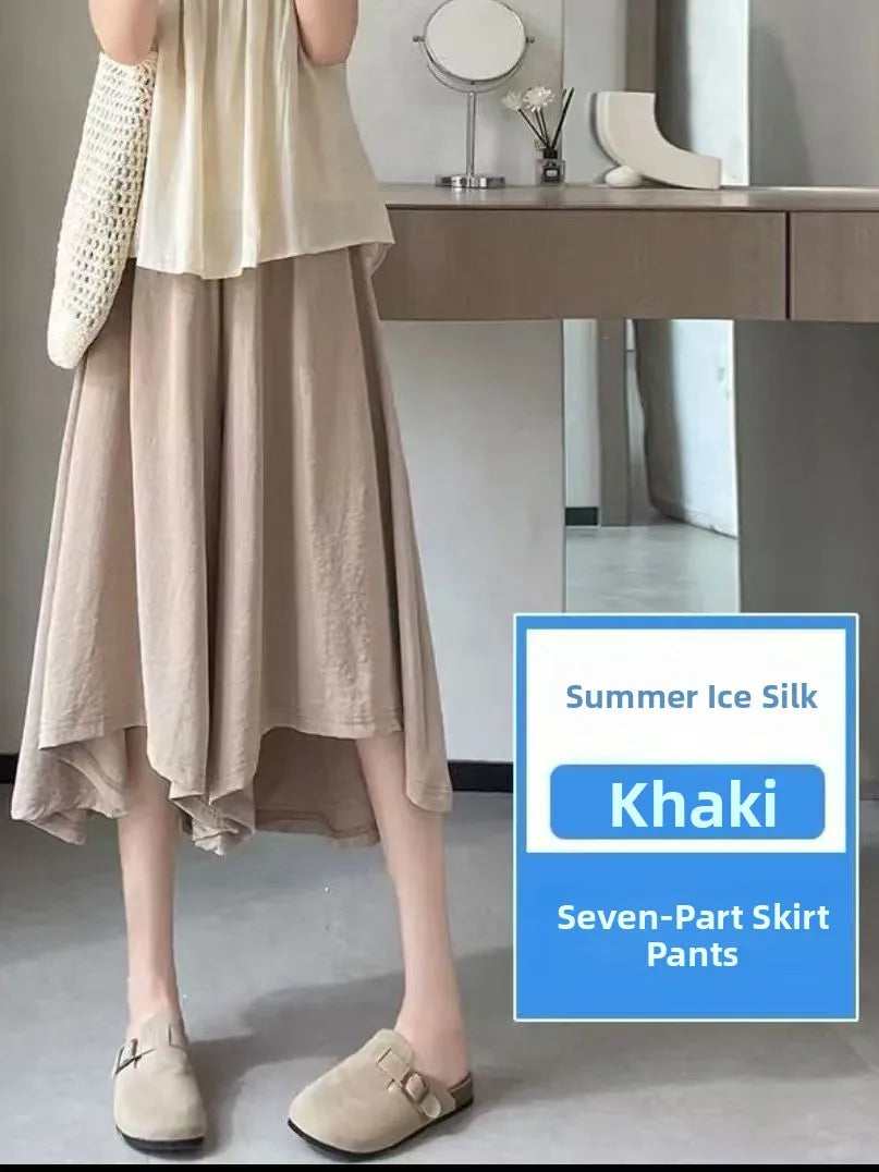 Summer New Style Thin Loose Wide Leg Seven-Quarter Skirt for plus Size Women Casual High Waist Pants Skirt Asymmetrical