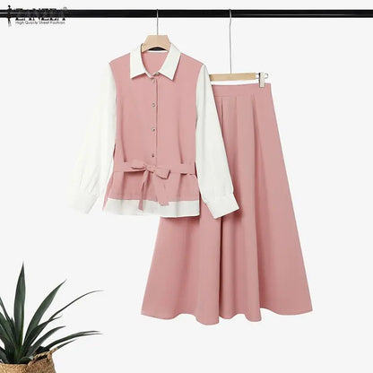 ZANZEA Autumn Outfits Elegant Long Sleeve Patchwork Blouse A Line Pleated Maxi Skirt Suit Women Muslim Two Piece Sets Ramadan