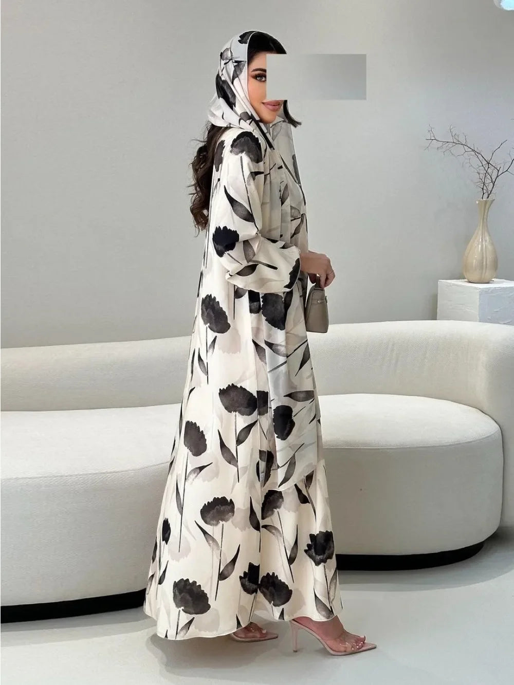 Eid Muslim Abaya for Women Dress Print Chiffon Abayas with Scarf Arab Dubai Cardigan Party Dresses Vestidos Long Robe Jalabiya
