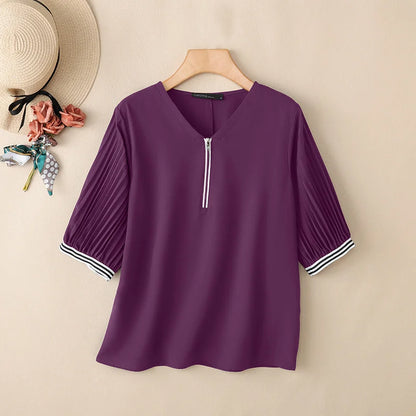 ZANZEA Women Contrast-Trum Blouse Korean Fashion V-Neck Half Zipper Pleatd 3/4 Lantern Sleeve Tops Summer Casual Blusa de Mujer