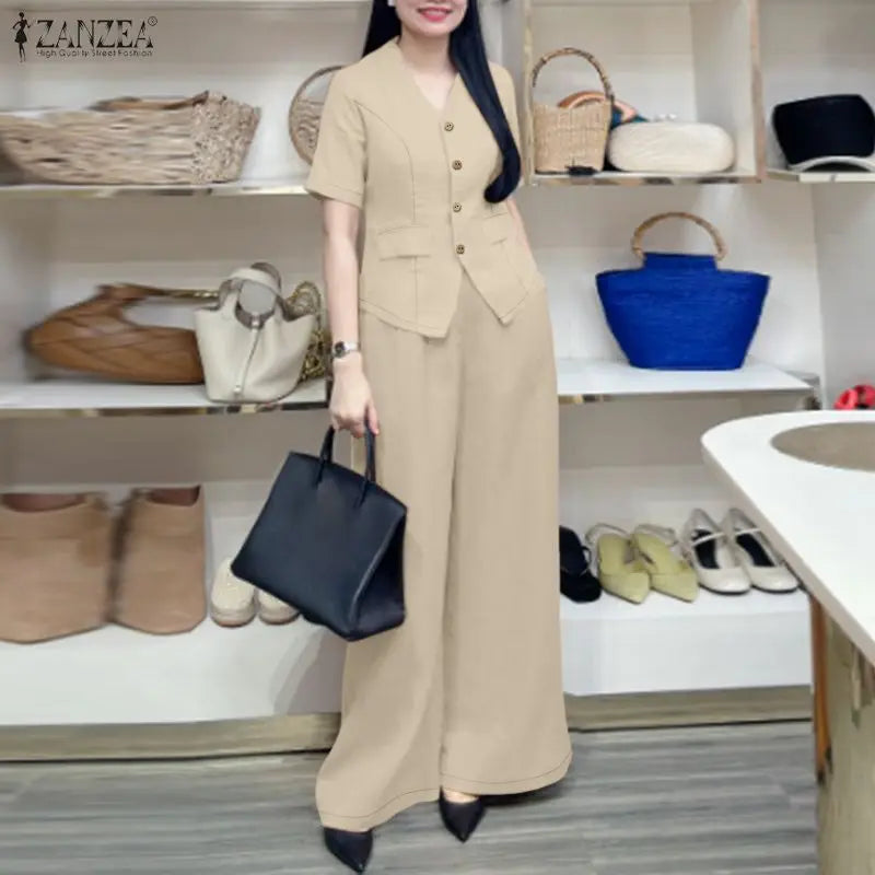 2026 ZANZEA Women Summer V Neck Short Sleeve Blouse Pant Sets Solid OL Work Outfits 2 Pieces Sets Fashion Wide Leg Trousers Suit