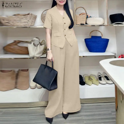 2026 ZANZEA Women Summer V Neck Short Sleeve Blouse Pant Sets Solid OL Work Outfits 2 Pieces Sets Fashion Wide Leg Trousers Suit