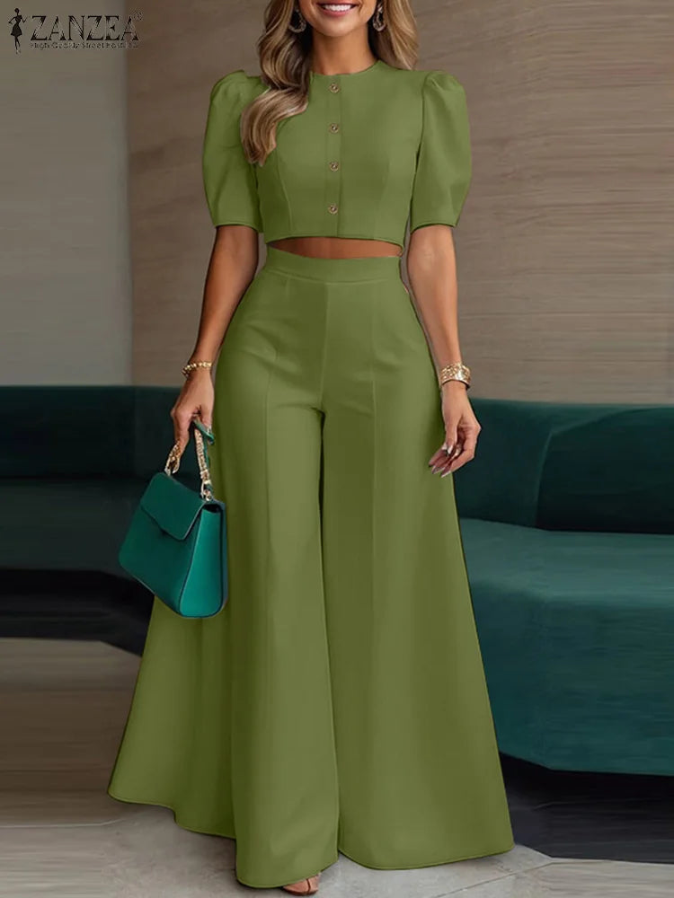 ZANZEA Women's Pant Sets 2 Piece Elegant Chic Short Crop Tops & Wide Leg Pants Two Piece Outfits Trouser Suits Woman Clothes 3XL
