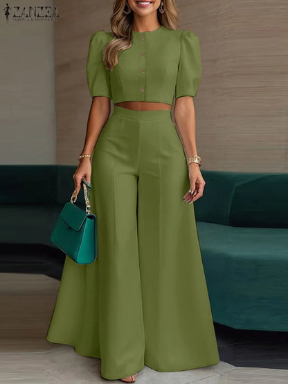 ZANZEA Women's Pant Sets 2 Piece Elegant Chic Short Crop Tops & Wide Leg Pants Two Piece Outfits Trouser Suits Woman Clothes 3XL