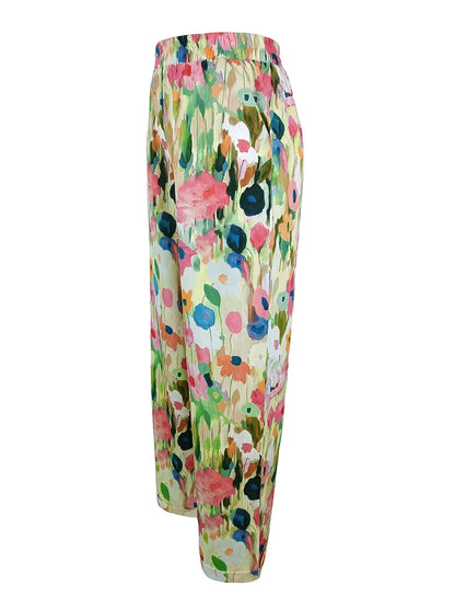Latest Chic Women's Casual Floral Print Loose Wide Leg Pants Elastic Waist Straight Trousers For Daily Wear Boho Style Outfits