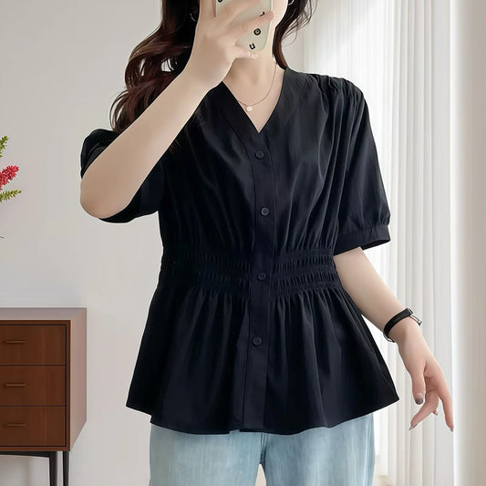 200 Pounds Plus Size Elastic Waist Summer Shirt And Blouse  Solid Top Women's New In Clothes Simple V-neck French