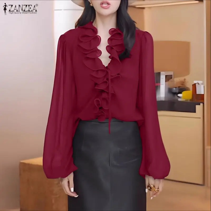 ZANZEA Women's Elegant Ruffles Trim Blouses Lace-Up Detail V-Neck Lantern Sleeves Solid Color Woman Tops Fashion Female Blouse