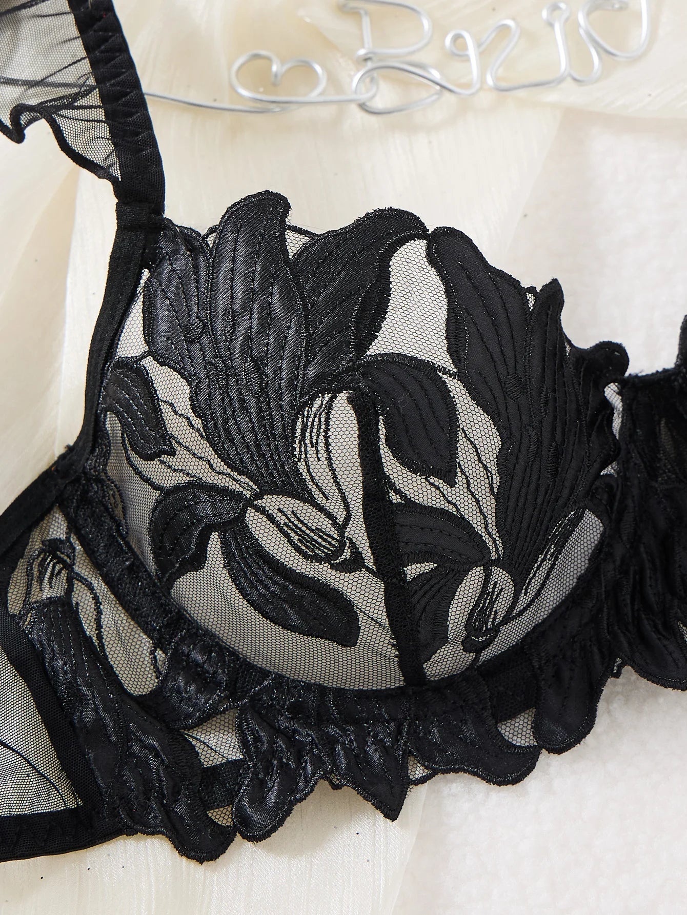 Sexy Black Floral Embroidery Lingerie Set Sheer Mesh Ruffle Sleeve Underwire Bra Panty Intimate Wear