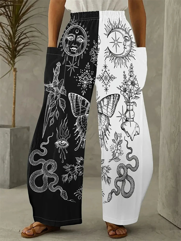 Women's Fashion New Wide-legged Pants Elegant 3d Sun, Moon And Star Printed Pants Women's Street Vintage Pants With Pockets