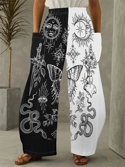 Women's Fashion New Wide-legged Pants Elegant 3d Sun, Moon And Star Printed Pants Women's Street Vintage Pants With Pockets