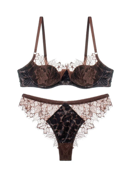 Sexy lace thin bra set female leopard underwear panties eyelash lingerie comfortable steel ring thin bras