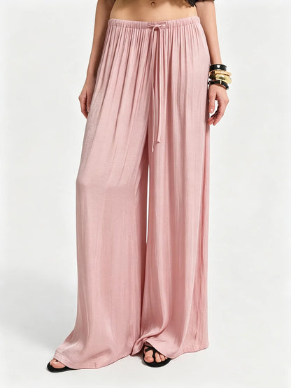 New Women High Waist Wide Leg Pants Spring Summer Draped Casual Trousers Drawstring Elastic Waist Loose Straight Leg Beach Pant