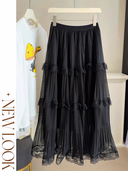 Retro Sweet White Long Skirt Women Casual Loose High Waist Elegant Skirt Vintage Lace Patchwork Korean Summer Long Skirts