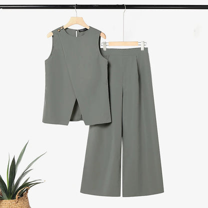 2026 ZANZEA Fashion Summer Pant Sets Sleeveless Tank Tops Trousers Women 2 Piece Sets Elegant Solid OL Work Outfit Without Belt