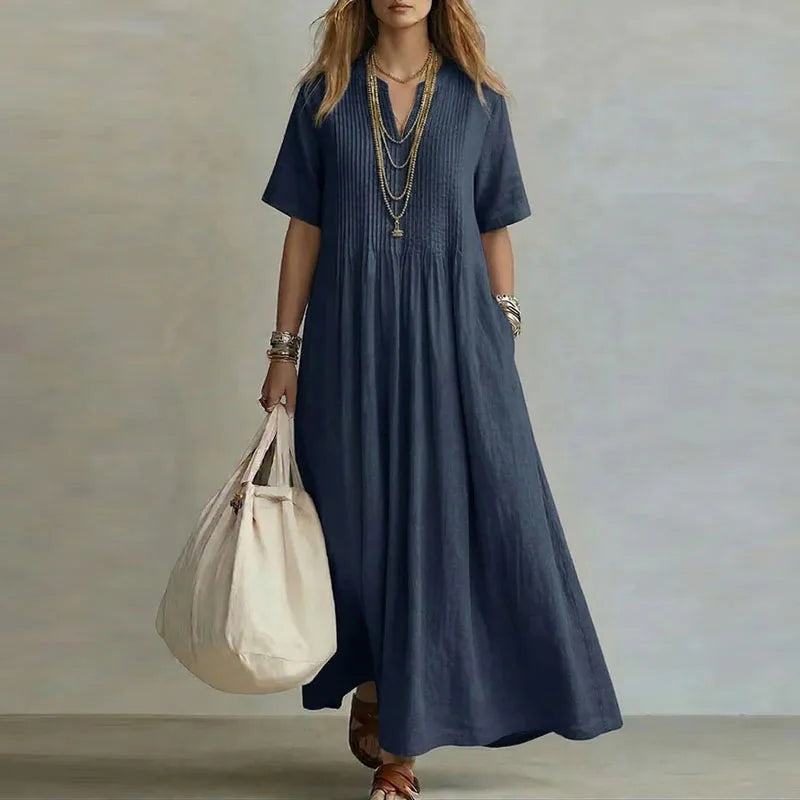 Retro Solid Cotton Linen Maxi Dress Woman Spring Sexy V Neck Draped Pocket Long Dress Summer Short Sleeve High Waist Party Dress