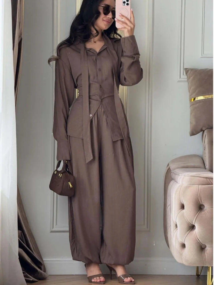DFDG Women 2026 Spring Summer Two Piece Outfit Collared Neck Tie Waist Shirt High Waist Lantern Pants Casual Loungewear Set