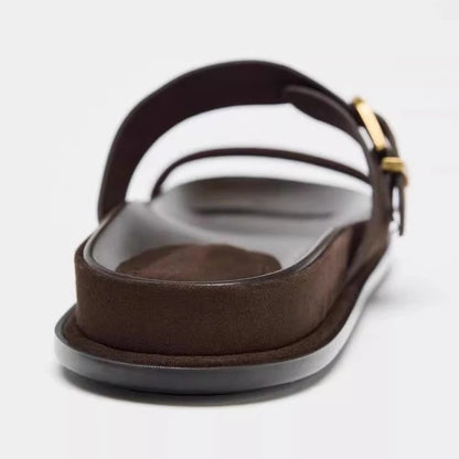 Gold Metal Buckle Decorated Flat Sandals Women Summer Soft Soles Comfortable Platform Slippers for Ladies Designer Beach Shoes