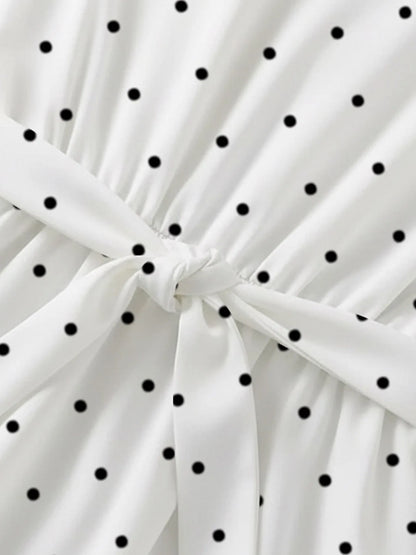 Casual and elegant summer girls' comfortable polka dot round neck ruffle sleeves cinched waist lace up dress long skirt