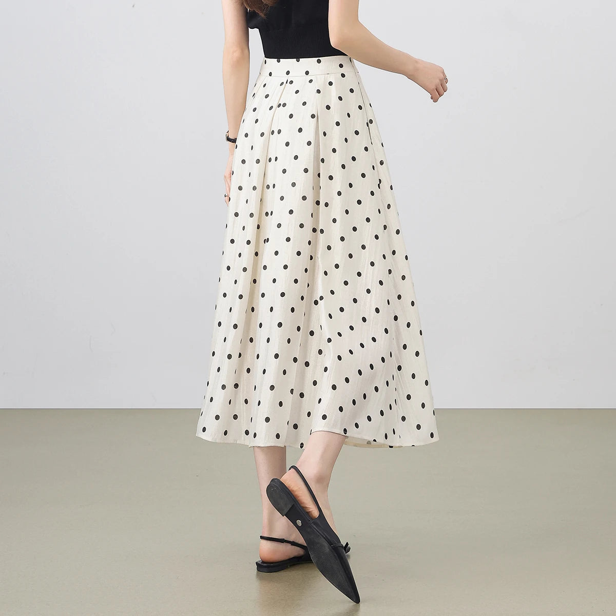 SENTUBILA Polka Dot Women's Skirt 2026 Fashion French Style A-line Elegant High Waist Pleated Ladies Long Skirts 152QG0009