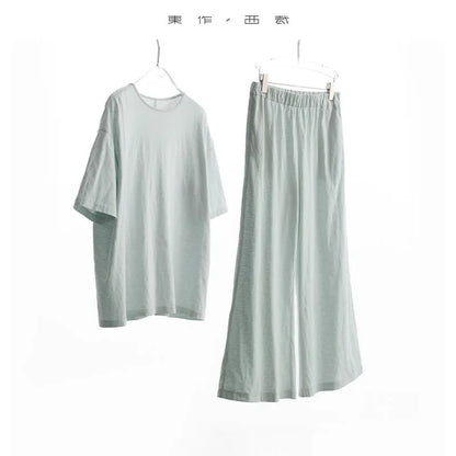100% Slub Cotton~Women's Matching Sets Short-Sleeved T-Shirt and Flared Pants Two-Piece Loungewear Set 2026 Summer