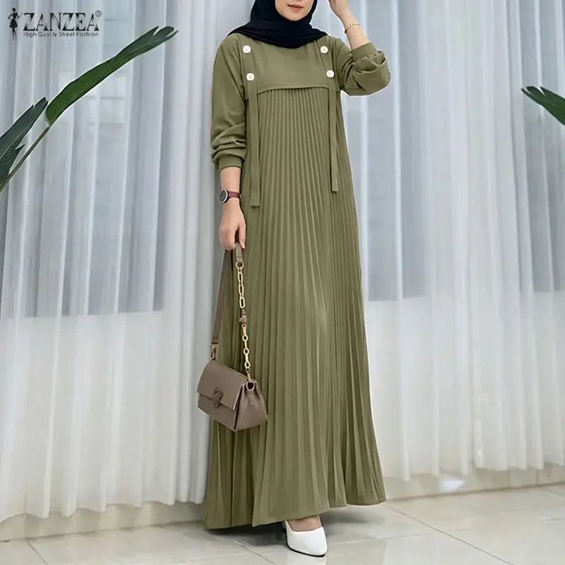 ZANZEA Muslim Women Patchwork Maxi Dress Ramadan Abaya Elegant O Neck Long Sleeve Pleated Sundress Robe Femme Casual Kaftan 2026