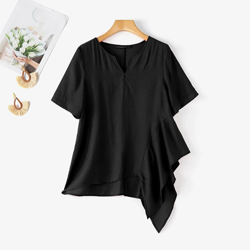 ZANZEA 2026 Woman Crinkled Fabric Asymmetrical Hem Blouses V-Neck Short Sleeve Solid Tops Summer Casual Daily Wear Blusas Mujer