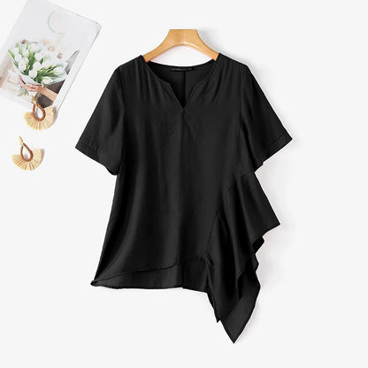 ZANZEA 2026 Woman Crinkled Fabric Asymmetrical Hem Blouses V-Neck Short Sleeve Solid Tops Summer Casual Daily Wear Blusas Mujer