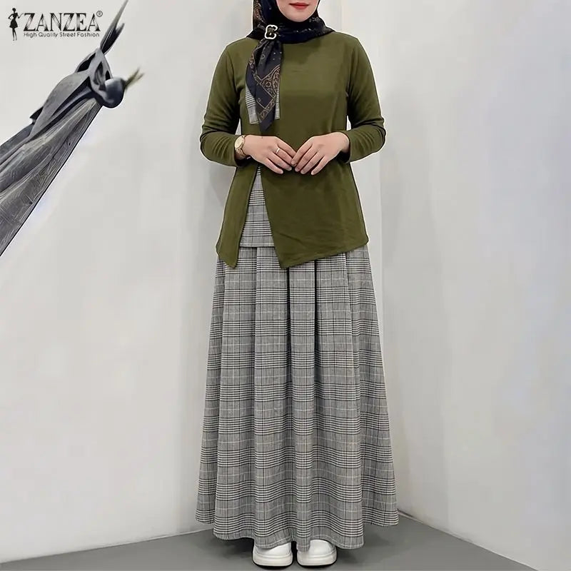 ZANZEA Women Plaid Patchwok Outfits Muslim 2 Pieces Sets Casual O Neck Long Sleeve Blouse A Line Maxi Skirt Suit Matching Sets