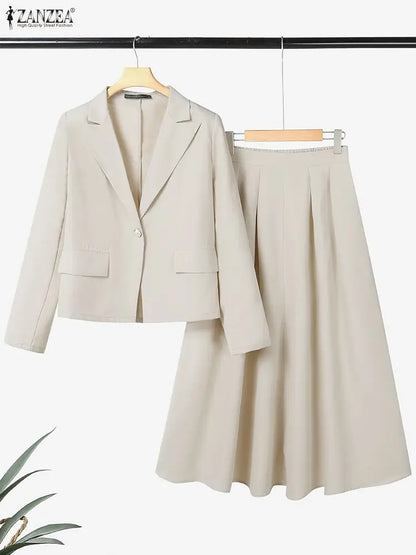 ZANZEA Office Women 2 Piece Sets Spring Outfits 2026 Elegant Long Sleeve Blazer Dress Suit Fashion Work OL Tracksuit Skirt Sets
