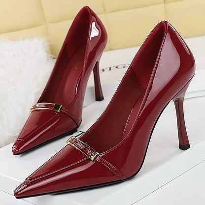 BIGTREE Shoes New Metal Buckle Women Pumps Pointed High Heels Patent Leather Women Heels Shoes Stiletto 9.5 cm Sexy Party Shoes