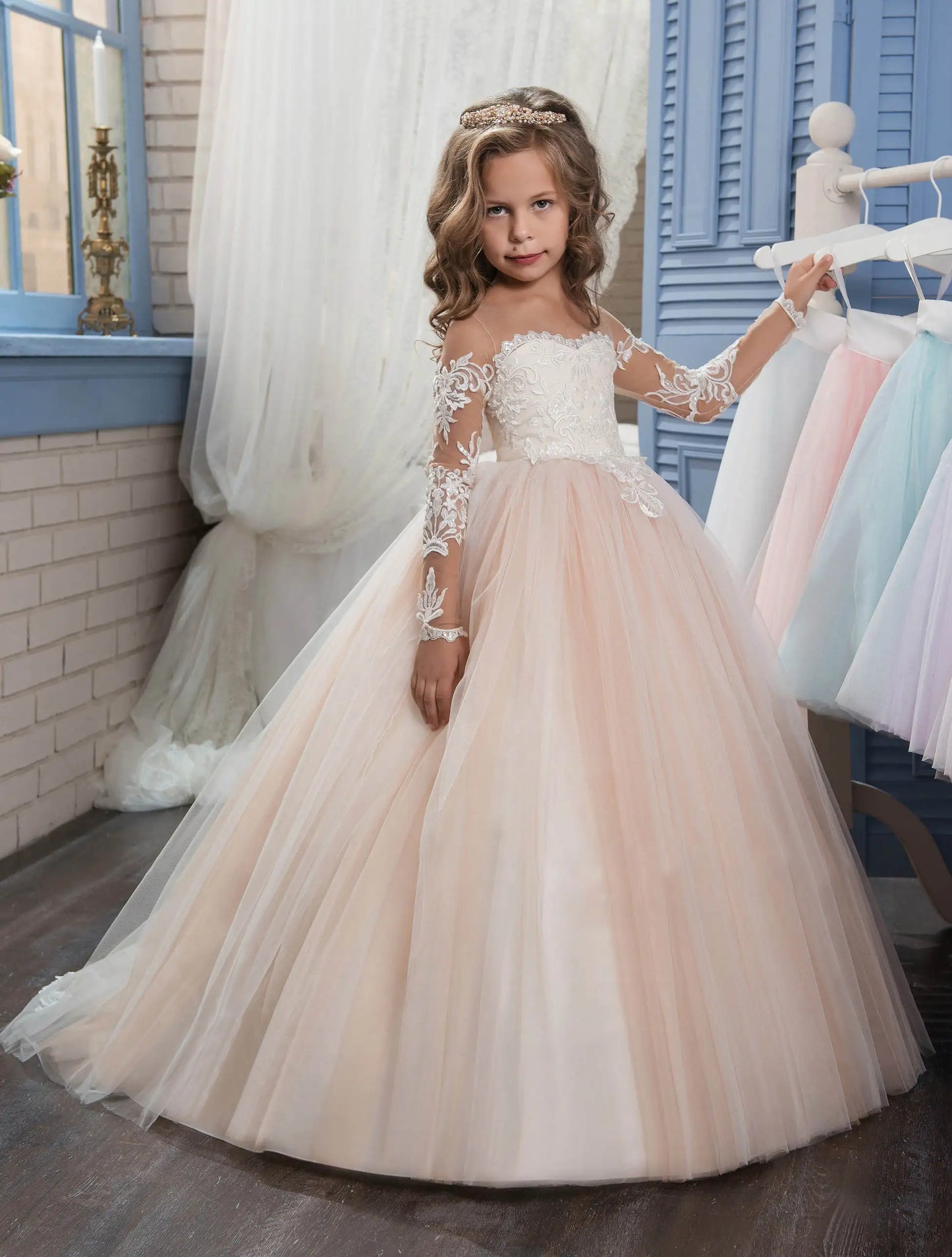 Lace Embroidery Transparent Long Sleeved Children's Flower Girl Wedding Party Graduation Ceremony Princess Floor Mopping Dress
