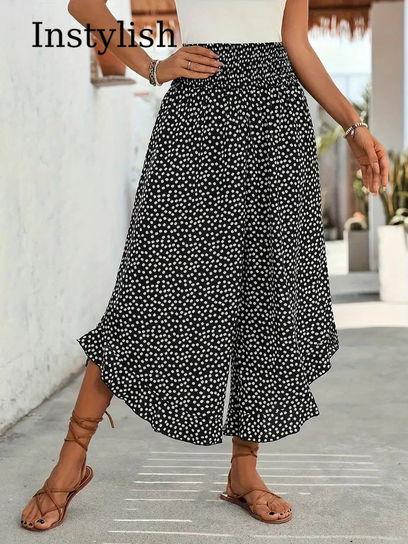 Women's Floral Wide Leg Nine-Point Pants Stretch High Waist Ruffled Slit Hem Casual Summer Beach Flowing Lightweight Pants