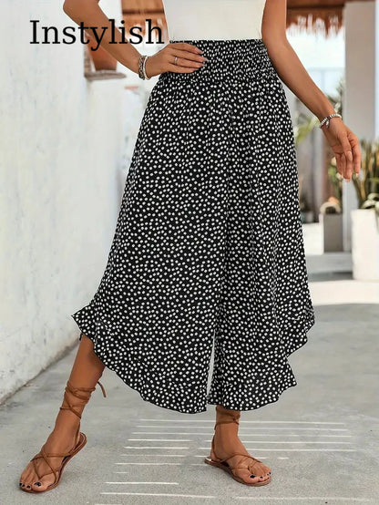 Women's Floral Wide Leg Nine-Point Pants Stretch High Waist Ruffled Slit Hem Casual Summer Beach Flowing Lightweight Pants