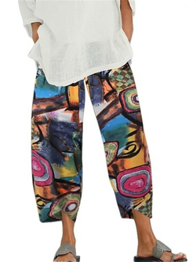 Vintage Cotton and Linen Loose Harem Pants Casual High Waist Wide Leg Trousers Women Harajuku Printed Baggy Pants Oversized