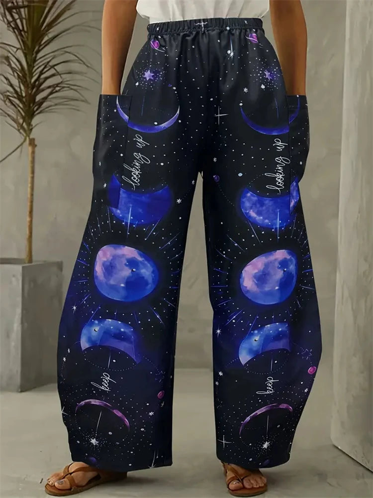 Women's Fashion New Wide-legged Pants Elegant 3d Sun, Moon And Star Printed Pants Women's Street Vintage Pants With Pockets