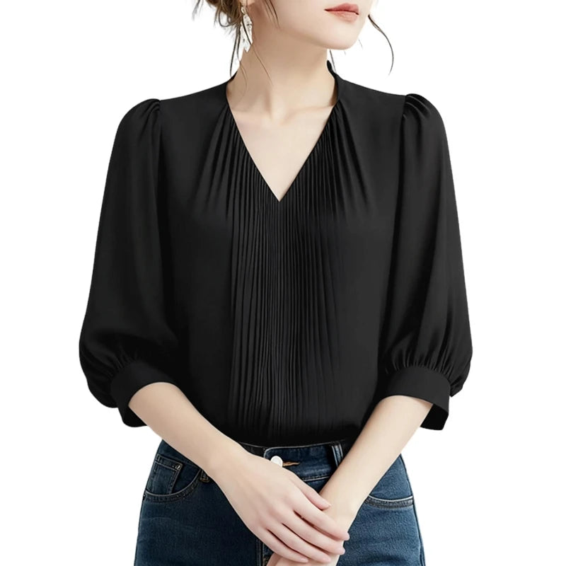 ZANZEA Elegant Plisse Detailing Blouses Women's Classy V-Neck 3/4 Puff Sleeve Solid Color Tops Summer Daily Wear Blusas de Mujer