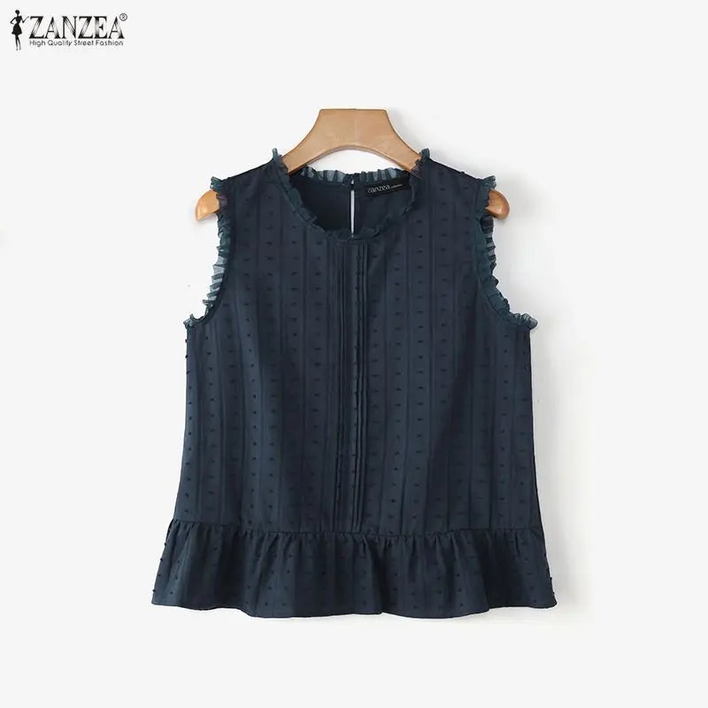 ZANZEA Women Blouses Ruffles Tops Sleeveless Tee Summer Blusas O Neck Tunic Oversize Casual Blouse Solid Color Streetwear