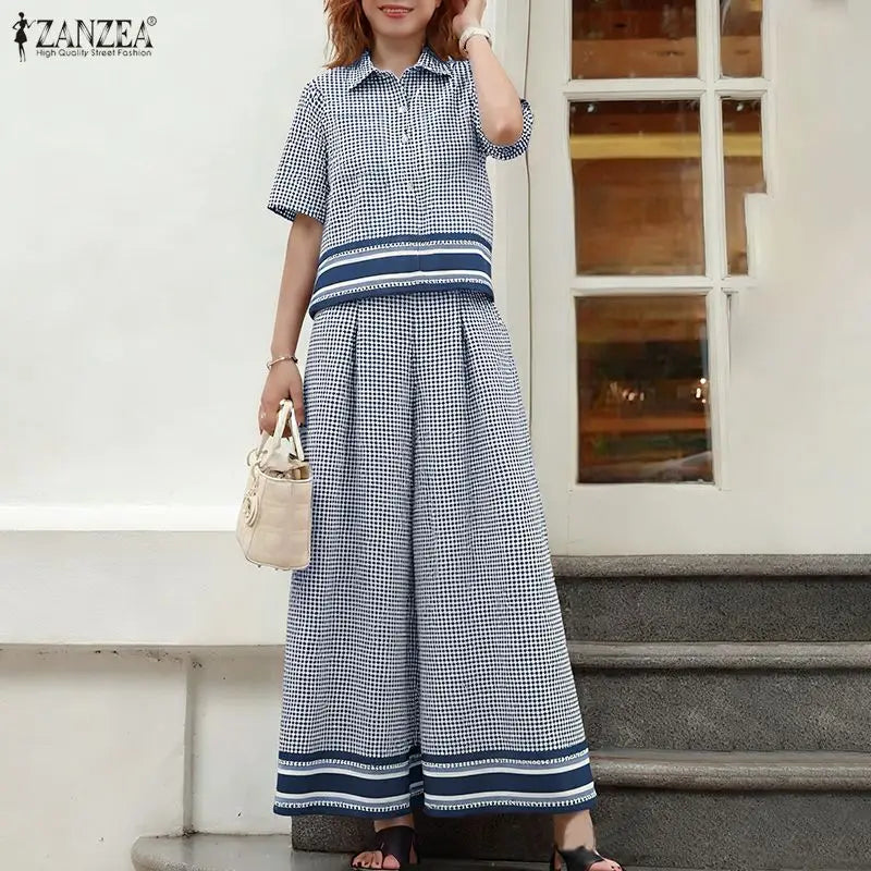 2026 ZANZEA Summer Pant Sets Fashion Women 2 Piece Sets Short Sleeve Shirt Wide Leg Trousers Suit Plaid Outfits Office Tracksuit