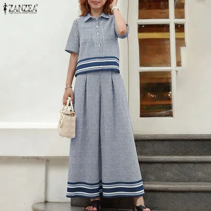 2026 ZANZEA Summer Pant Sets Fashion Women 2 Piece Sets Short Sleeve Shirt Wide Leg Trousers Suit Plaid Outfits Office Tracksuit