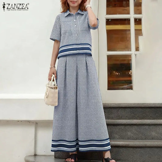 2026 ZANZEA Summer Pant Sets Fashion Women 2 Piece Sets Short Sleeve Shirt Wide Leg Trousers Suit Plaid Outfits Office Tracksuit