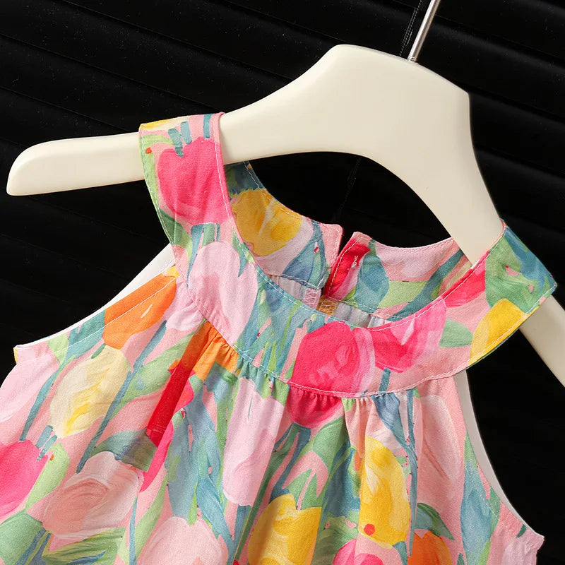 Summer Kids Halter Dress Sleeveless Tulip Floral Girls A-Line Dresses Ruffle Hem Children Sundress for Beach Vacation Wear