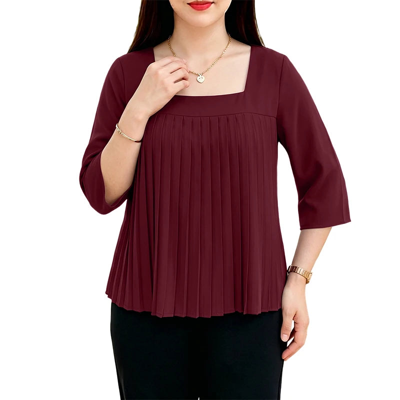 ZANZEA Pleated Detail Blouses 2026 Women Elegant Square Neck 3/4 Sleeve Solid Color Tops Summer Daily Casual Blusas de Mujer