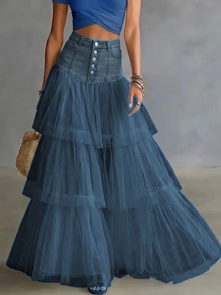 Summer Loose Swing Maxi Skirts Mujer Fashion High Waist Button Denim Skirts for Women Spring Elegant Patchwork Mesh Ruffle Skirt
