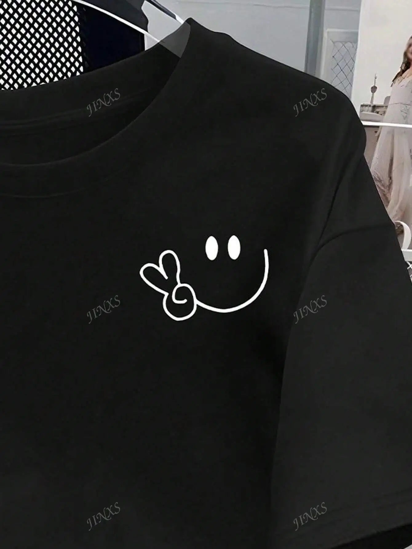 Stylish Tee with Adorable Smile and Peace Sign Design Ideal for Curvy Ladies into Playful Fashion