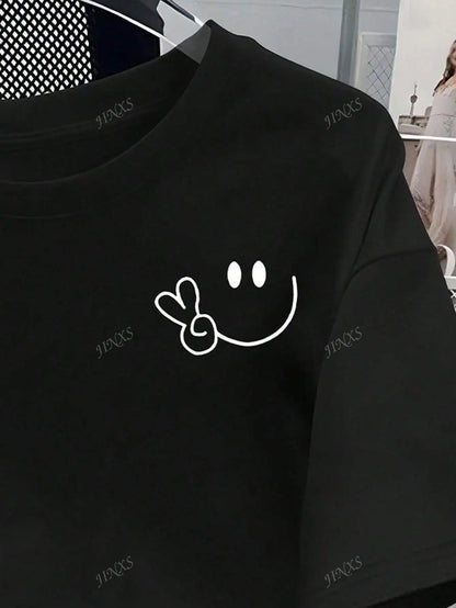 Stylish Tee with Adorable Smile and Peace Sign Design Ideal for Curvy Ladies into Playful Fashion